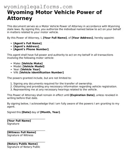 Printable  Motor Vehicle Power of Attorney Form for Wyoming