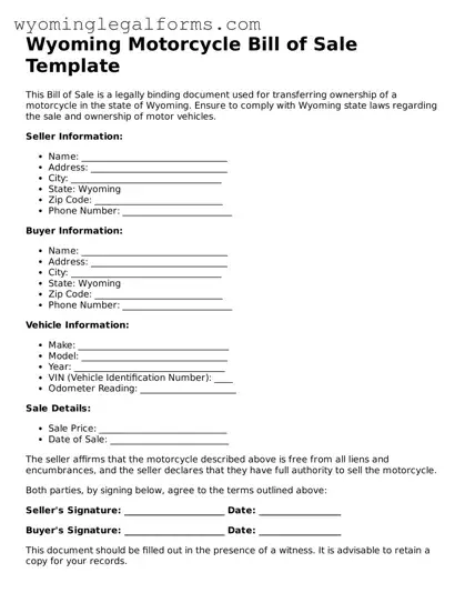 Printable  Motorcycle Bill of Sale Form for Wyoming