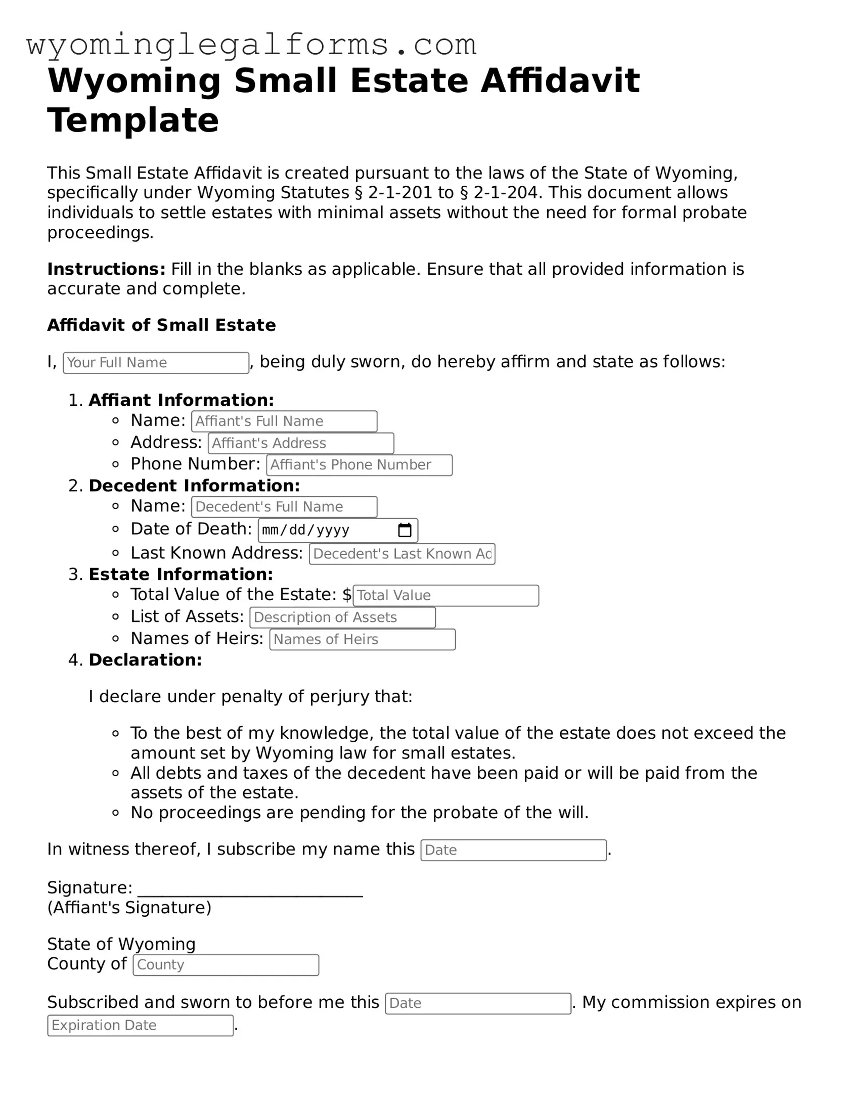 Printable  Small Estate Affidavit Form for Wyoming