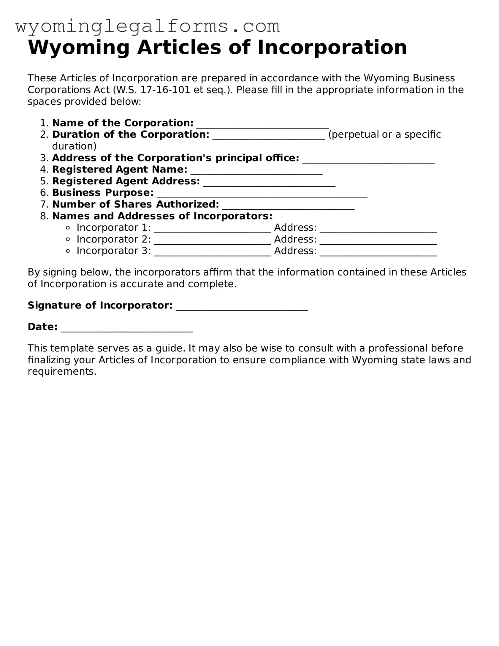 Printable  Articles of Incorporation Form for Wyoming