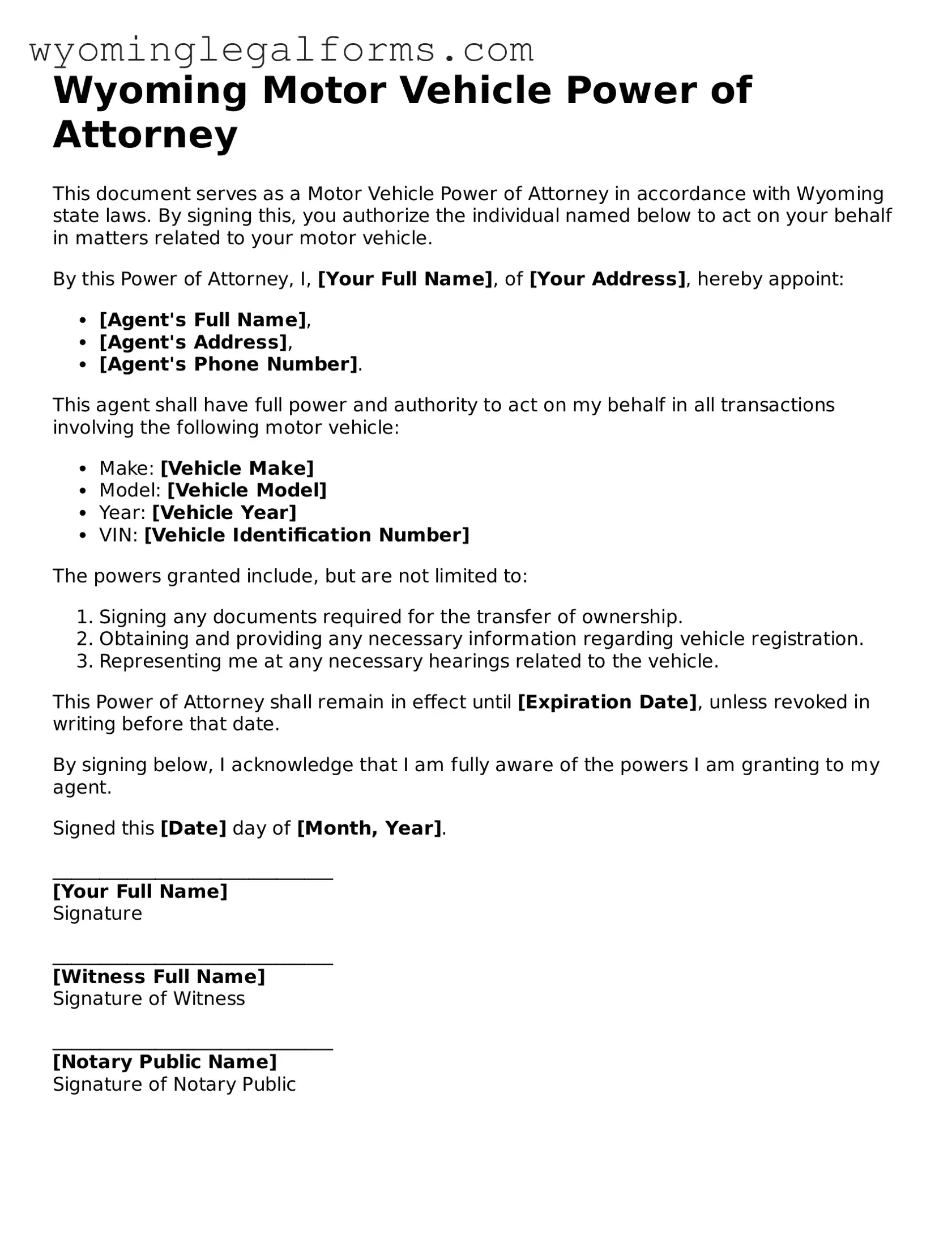 Printable  Motor Vehicle Power of Attorney Form for Wyoming