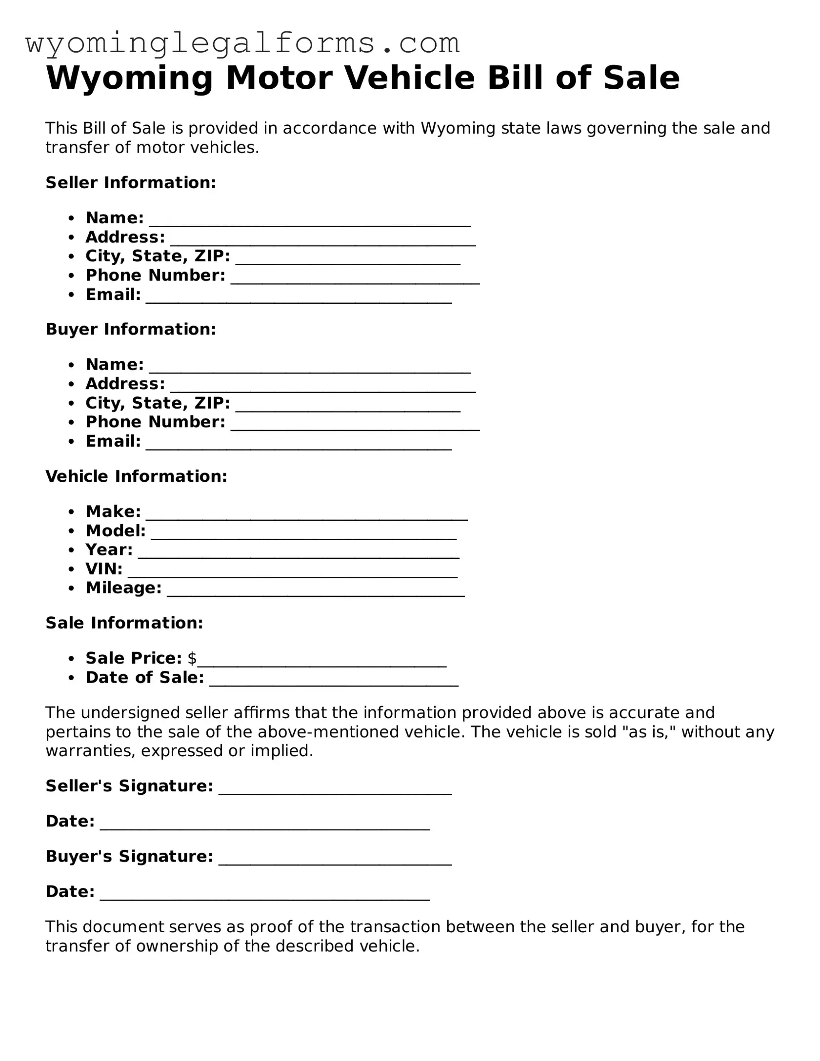 Printable  Motor Vehicle Bill of Sale Form for Wyoming