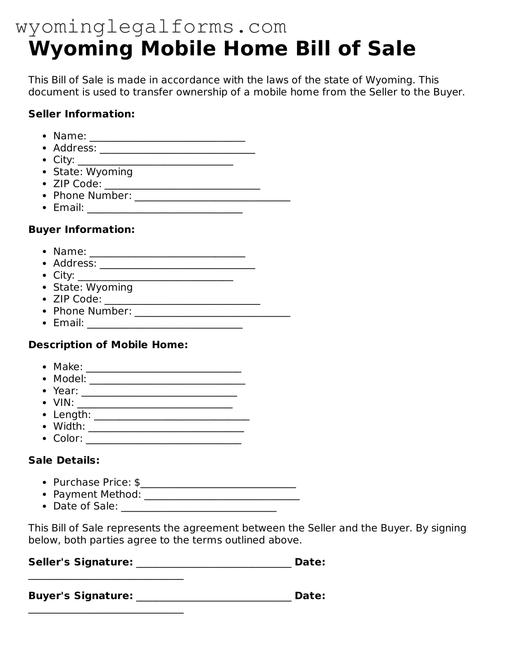Printable  Mobile Home Bill of Sale Form for Wyoming