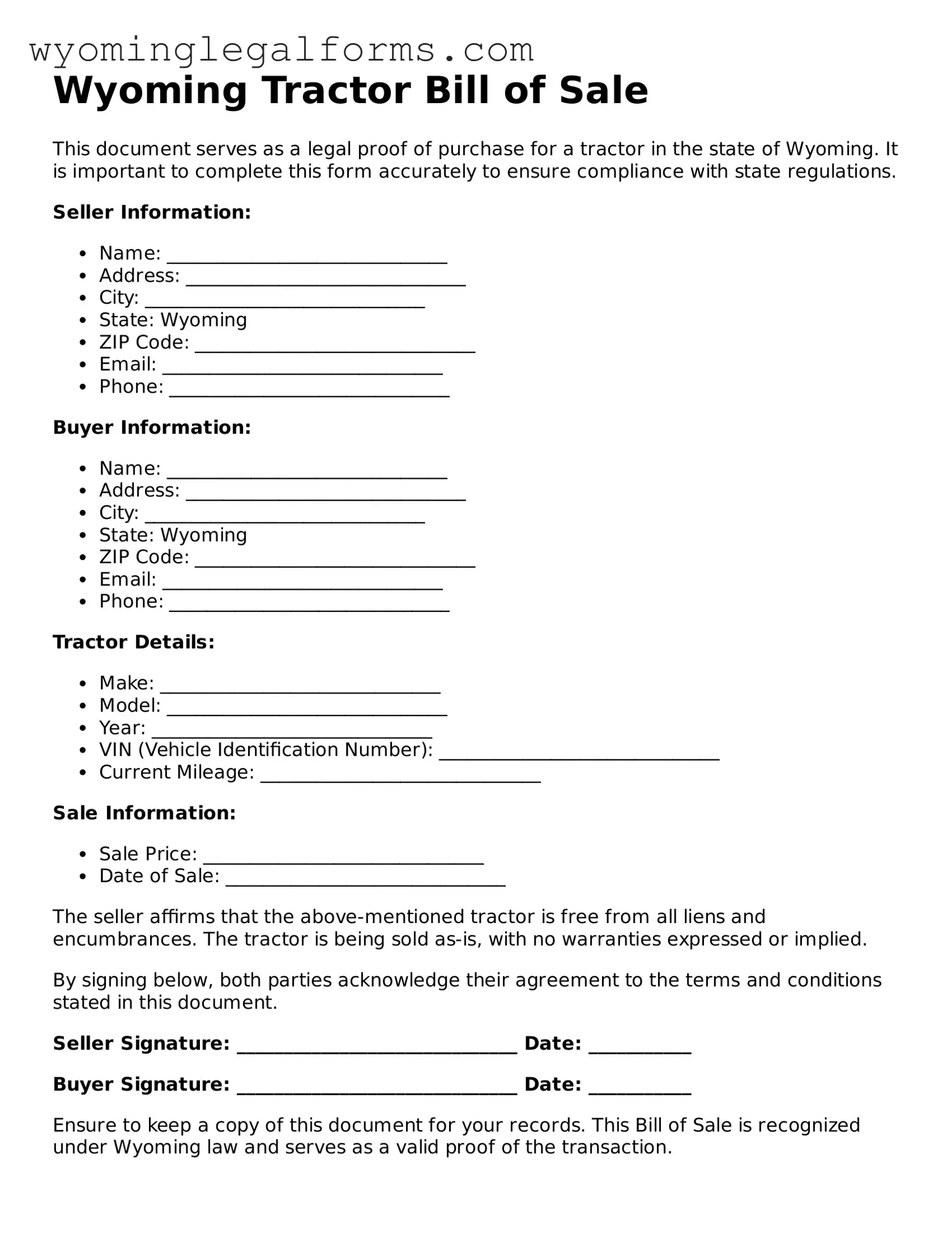 Printable  Tractor Bill of Sale Form for Wyoming
