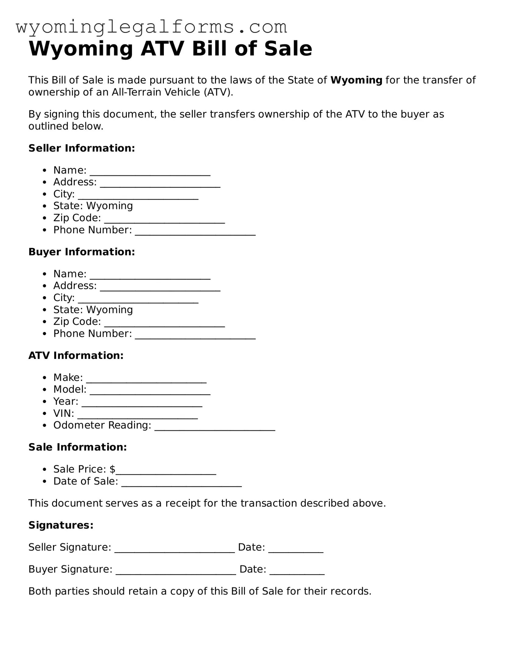 Printable  ATV Bill of Sale Form for Wyoming