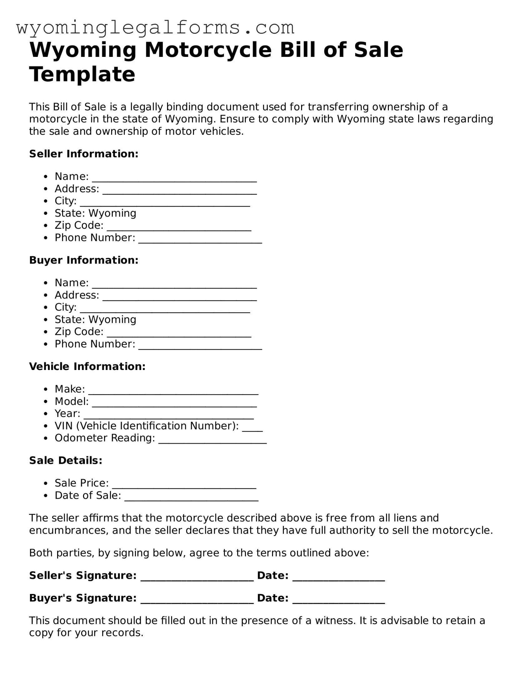 Printable  Motorcycle Bill of Sale Form for Wyoming
