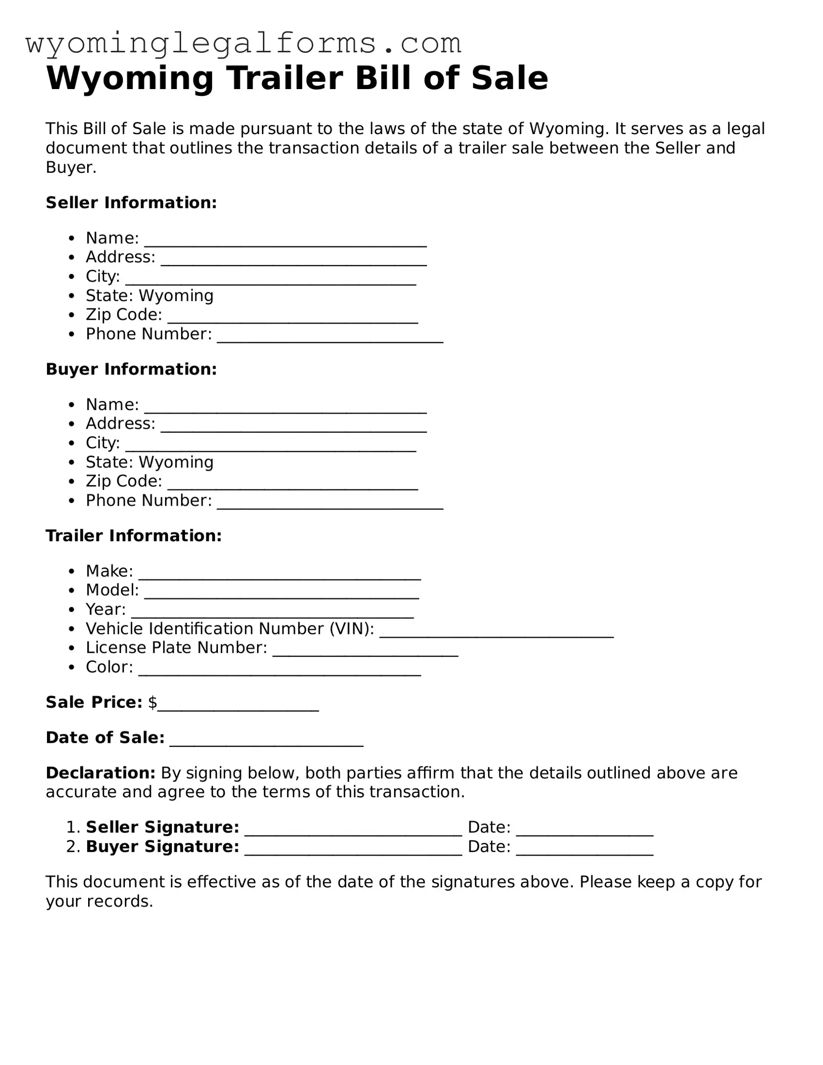 Printable  Trailer Bill of Sale Form for Wyoming