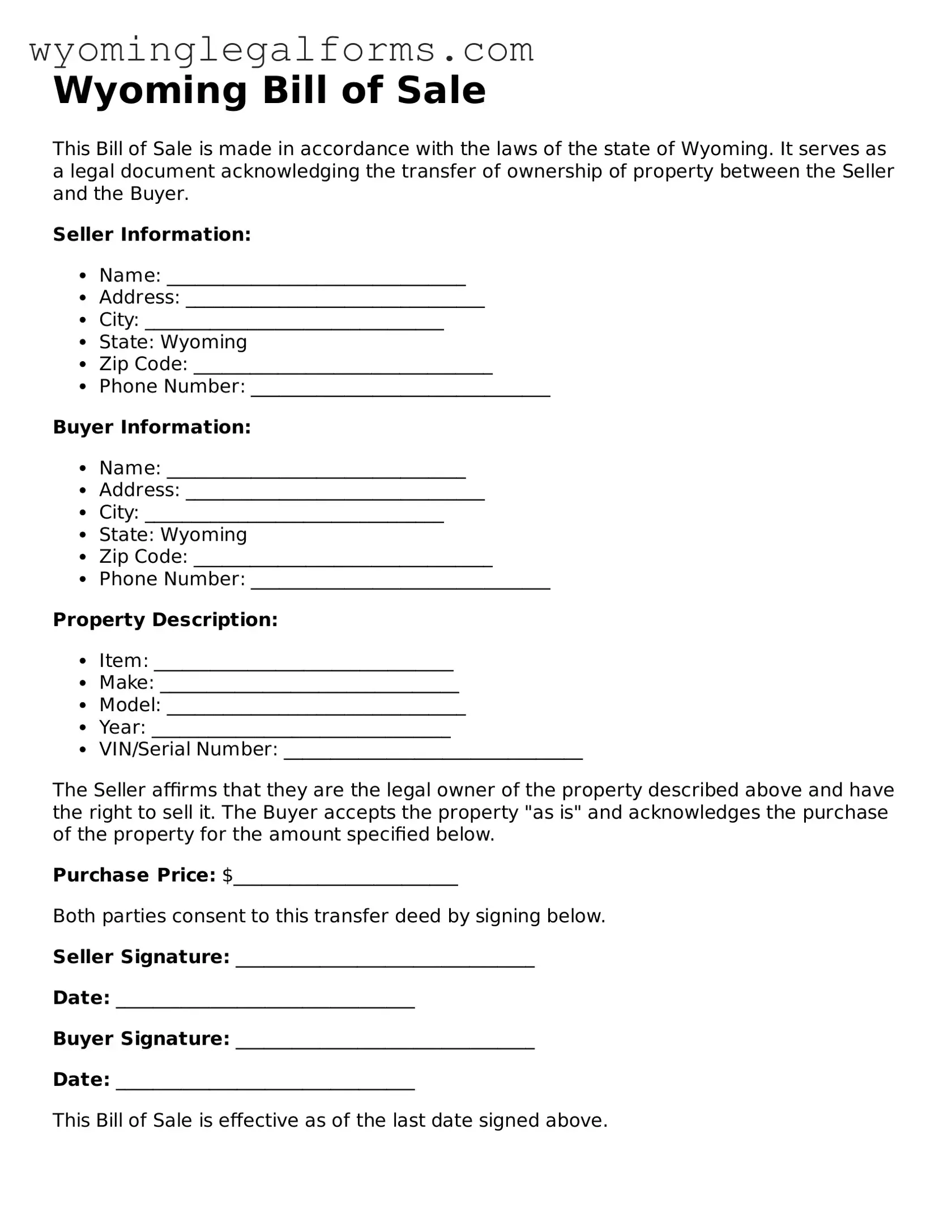 Printable  Bill of Sale Form for Wyoming