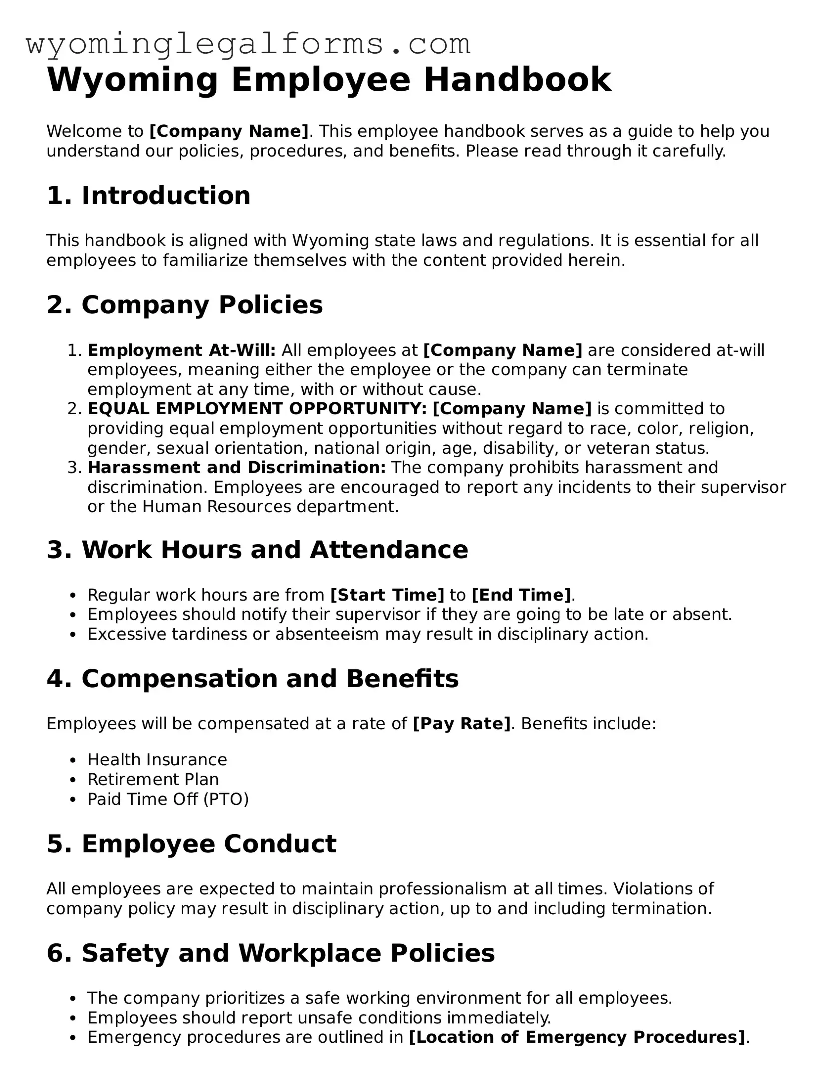 Printable  Employee Handbook Form for Wyoming