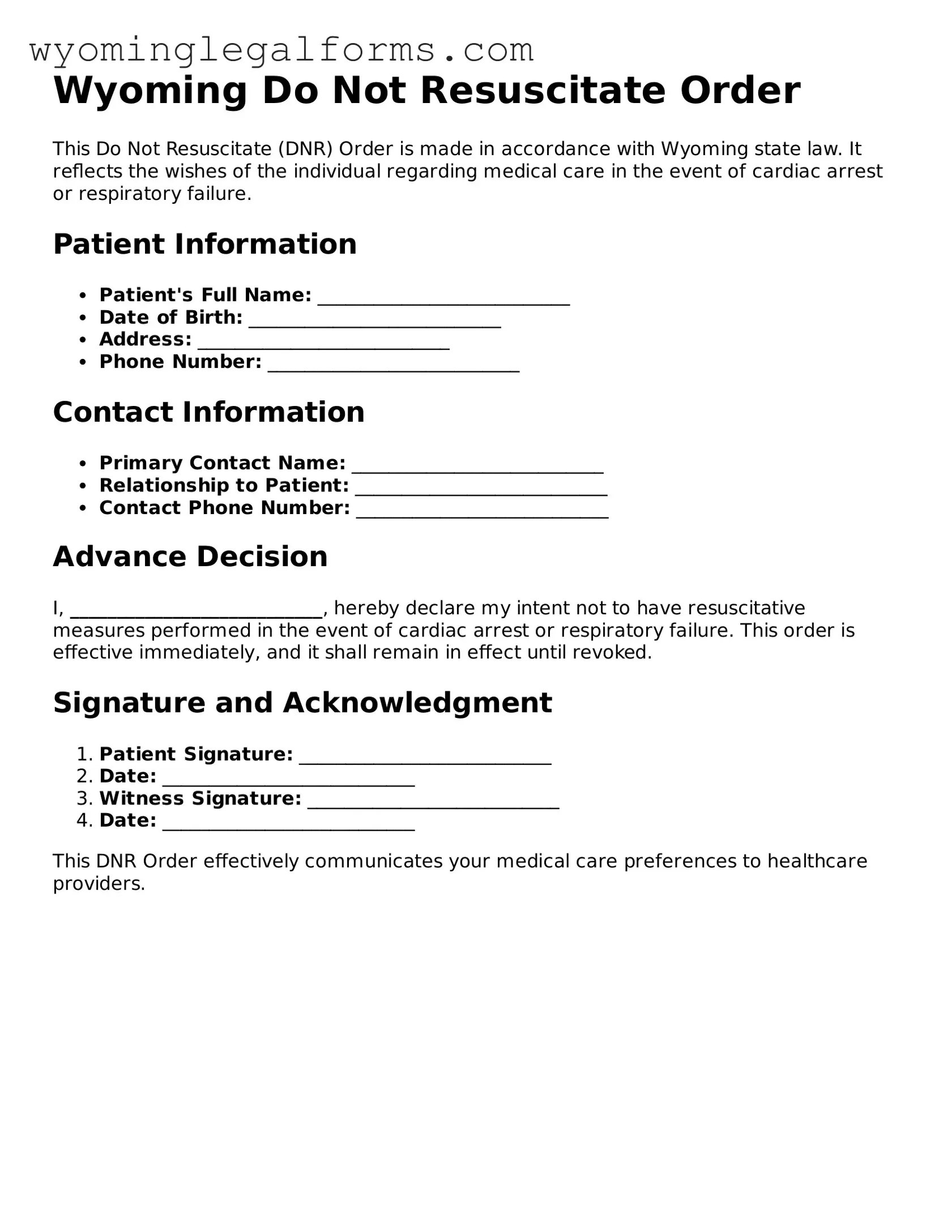 Printable  Do Not Resuscitate Order Form for Wyoming