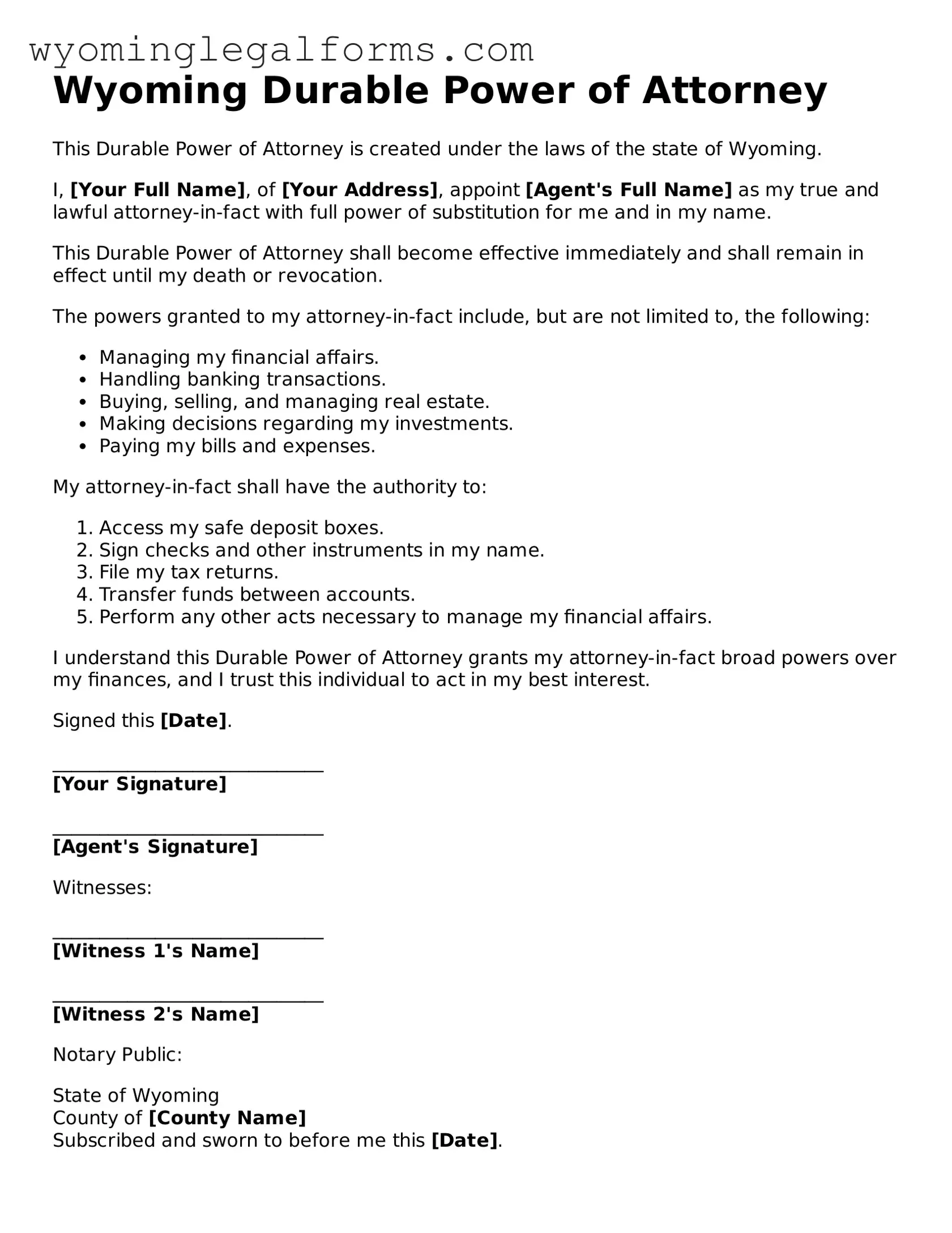 Printable  Durable Power of Attorney Form for Wyoming