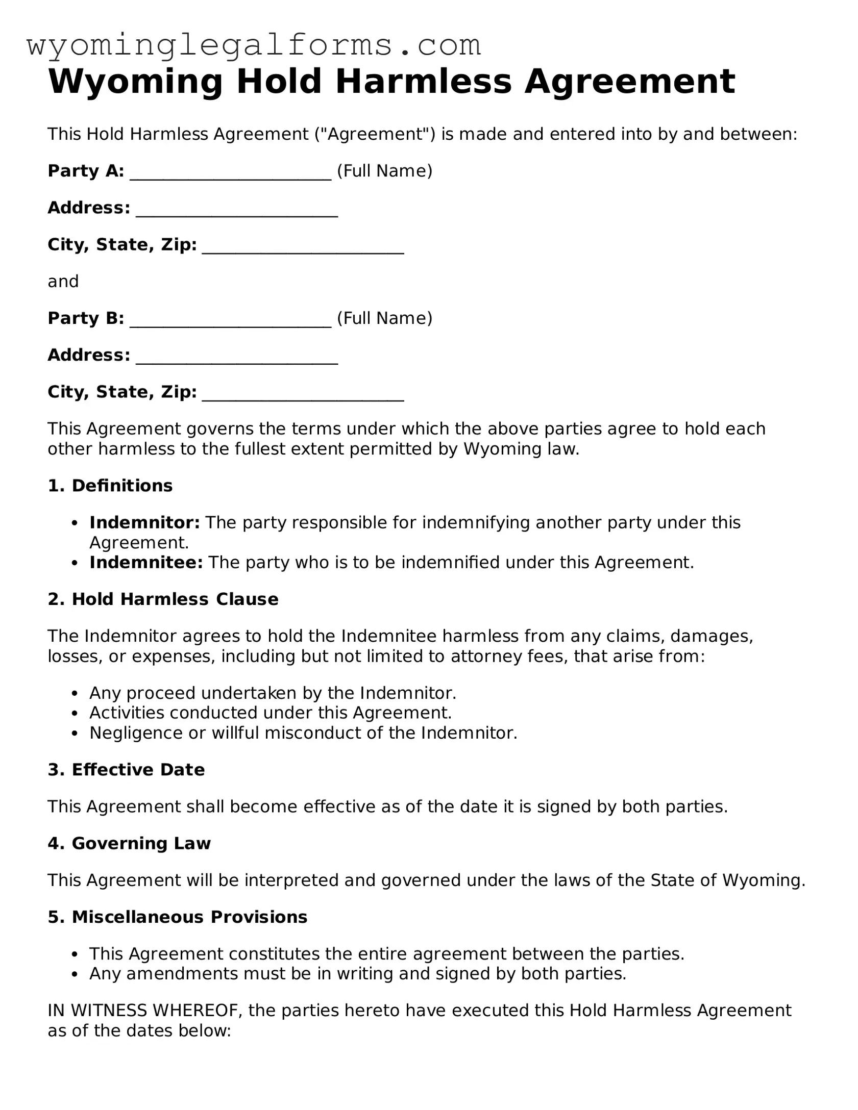 Printable  Hold Harmless Agreement Form for Wyoming