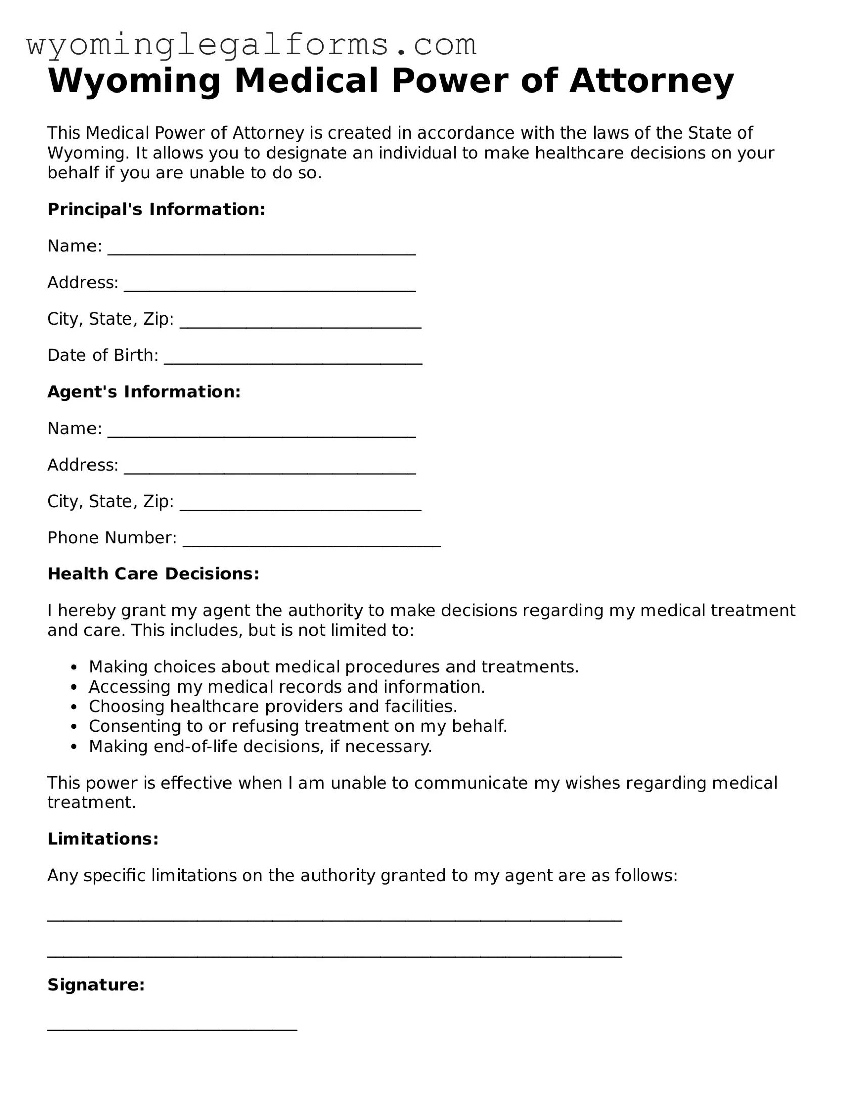 Printable  Medical Power of Attorney Form for Wyoming