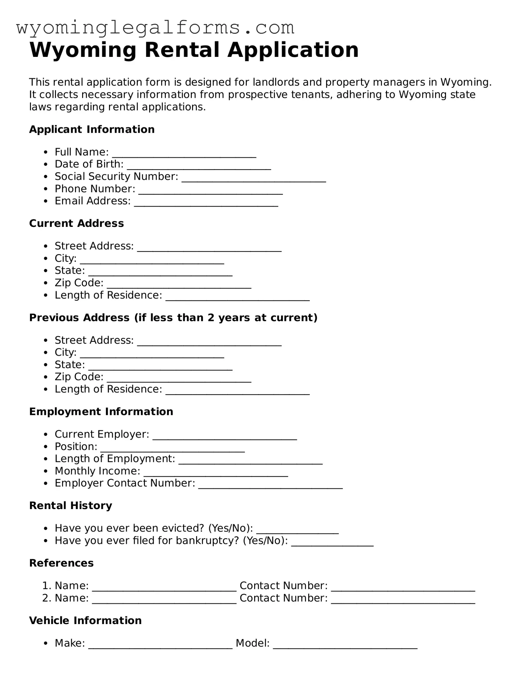 Printable  Rental Application Form for Wyoming