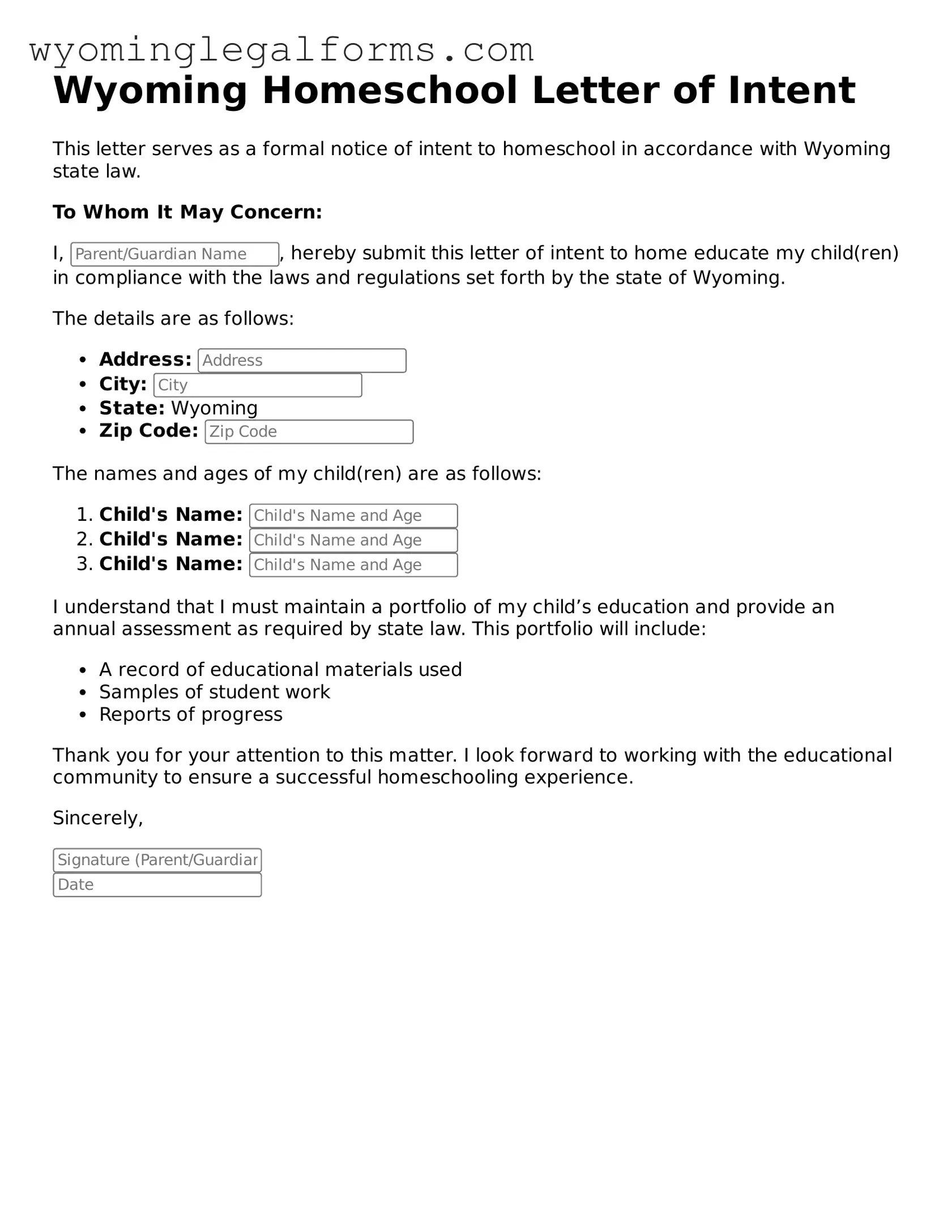 Printable Homeschool Letter of Intent Form for Wyoming