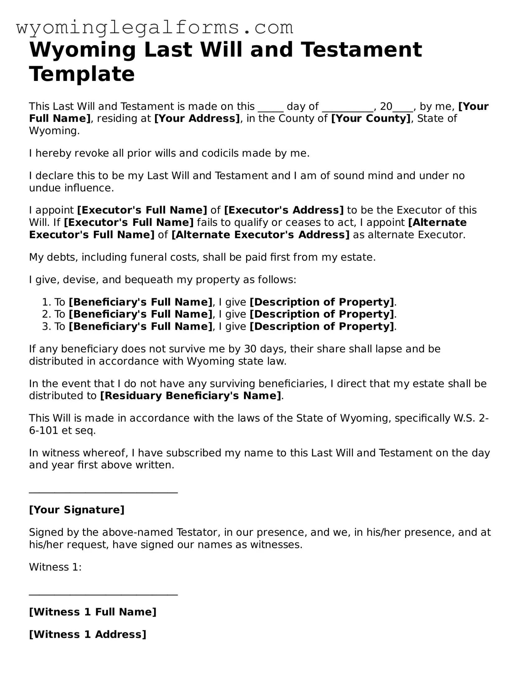 Printable  Last Will and Testament Form for Wyoming