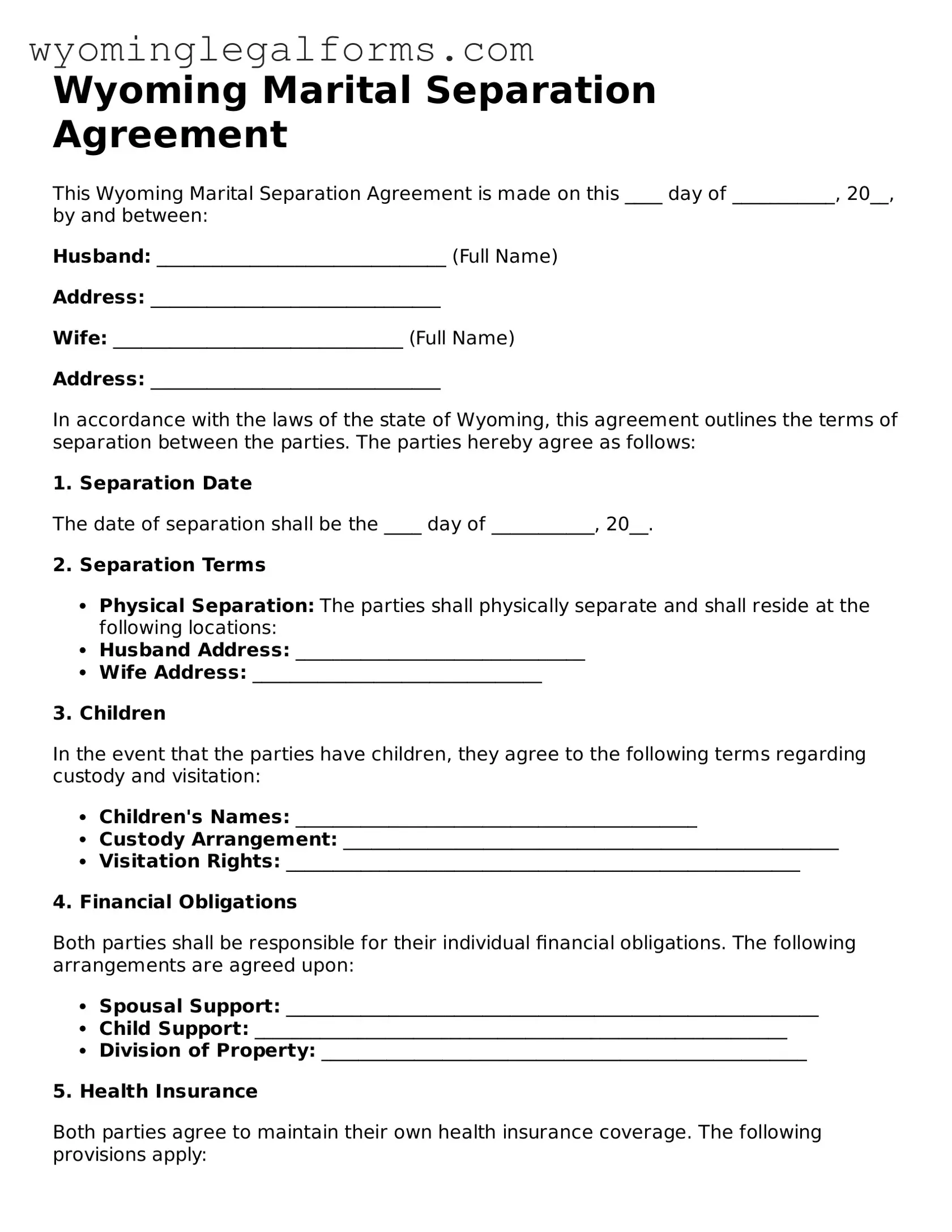Printable  Marital Separation Agreement Form for Wyoming