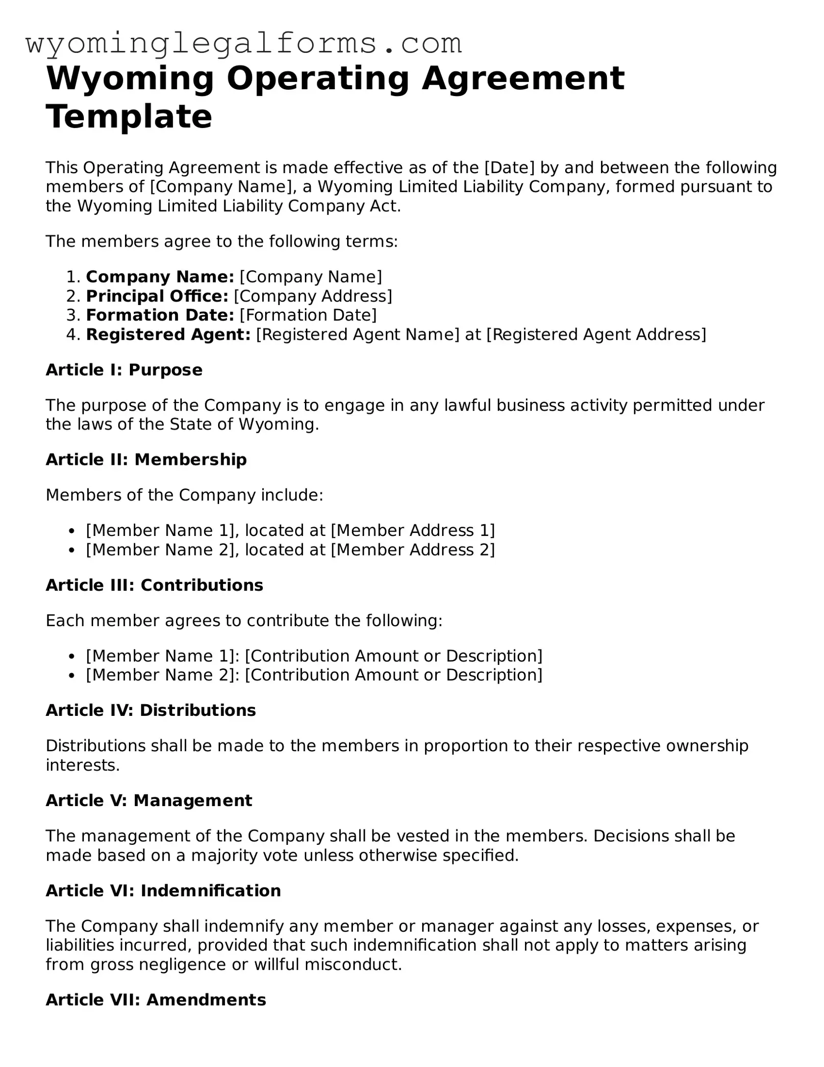 Printable  Operating Agreement Form for Wyoming