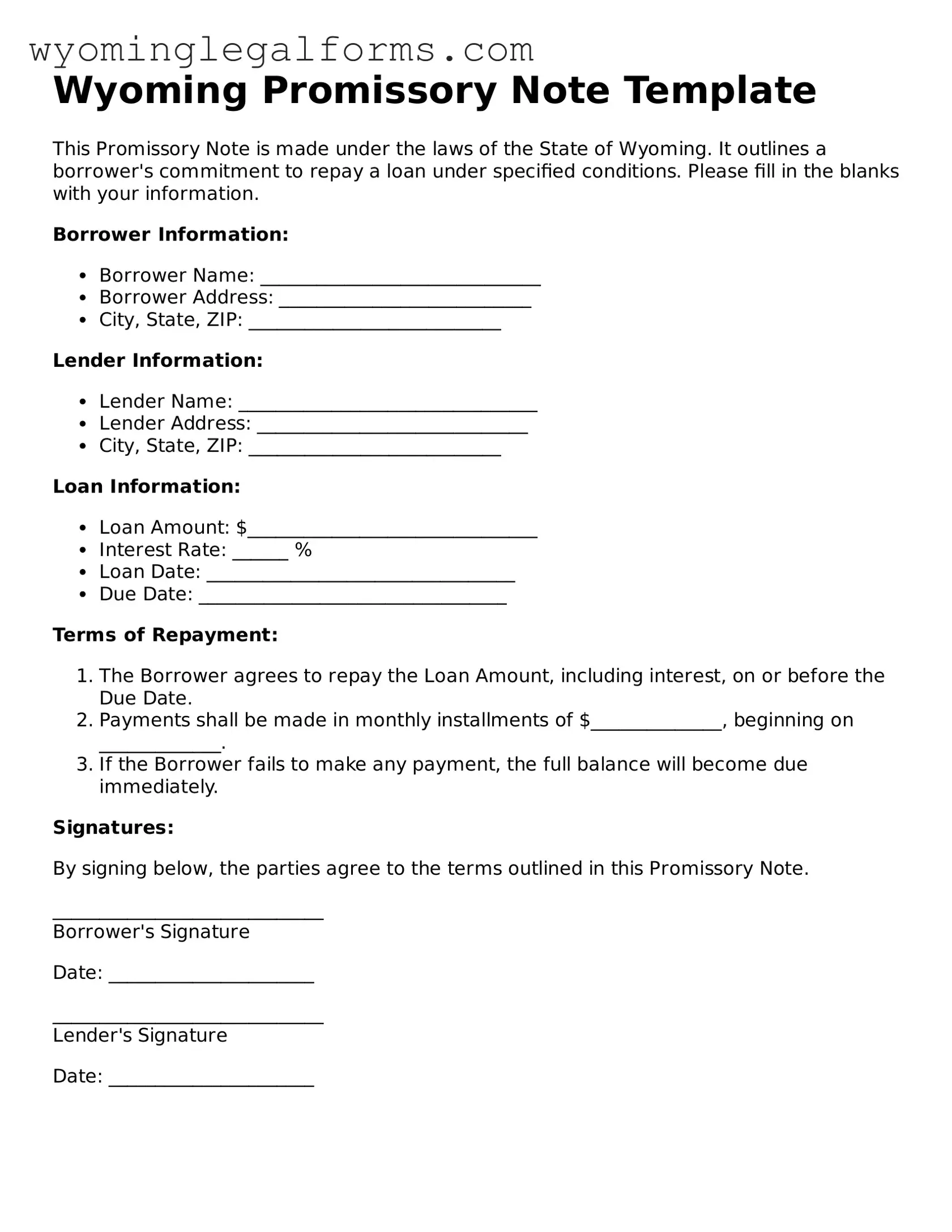 Printable  Promissory Note Form for Wyoming