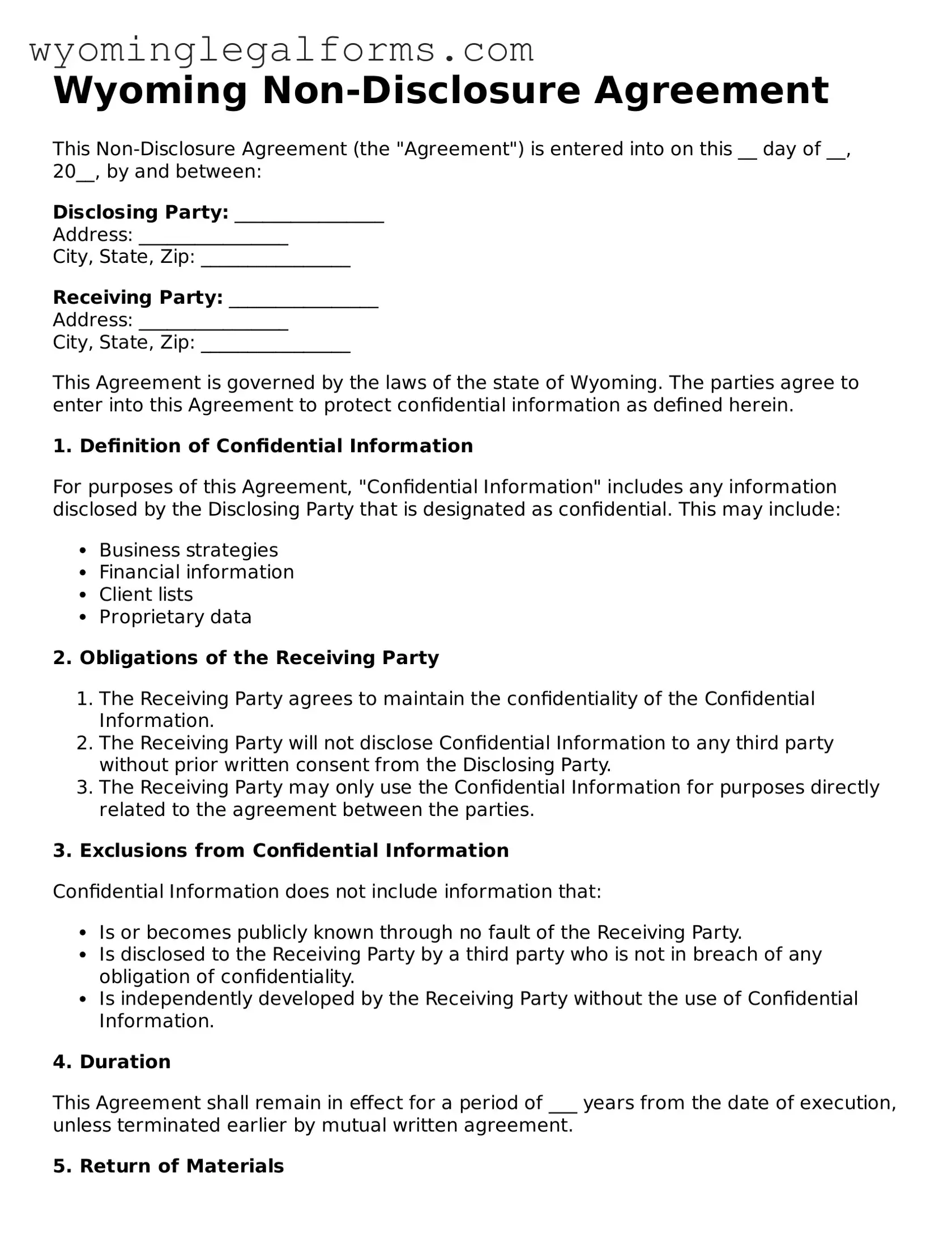 Printable  Non-disclosure Agreement Form for Wyoming