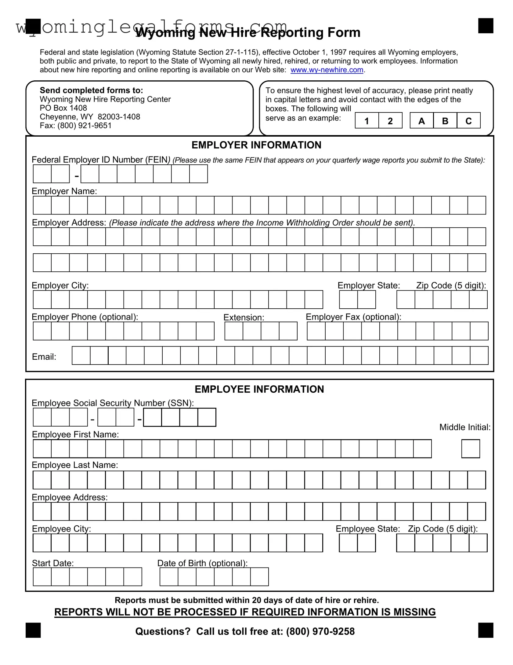 Free Wyoming New Hire Reporting PDF Template