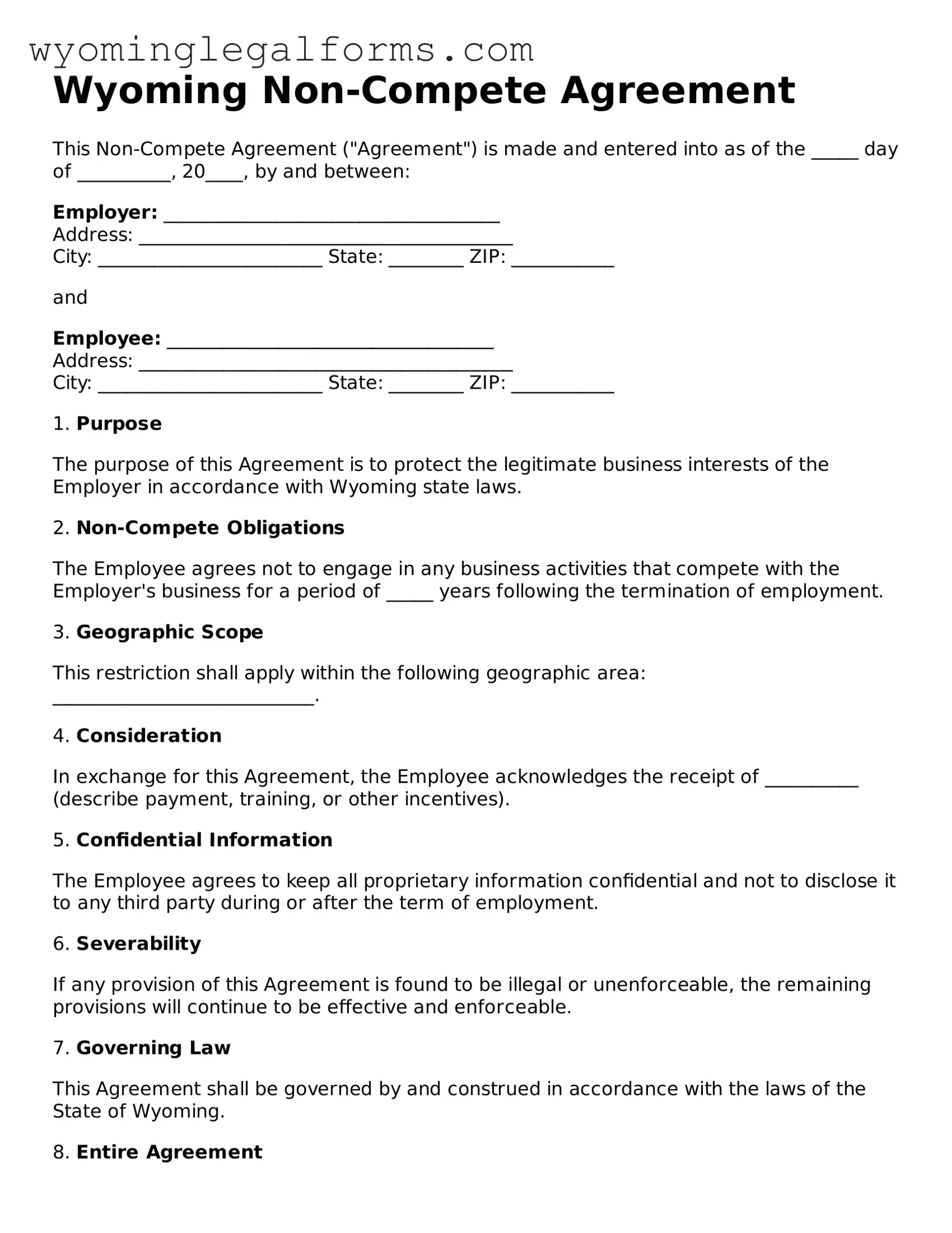 Printable  Non-compete Agreement Form for Wyoming