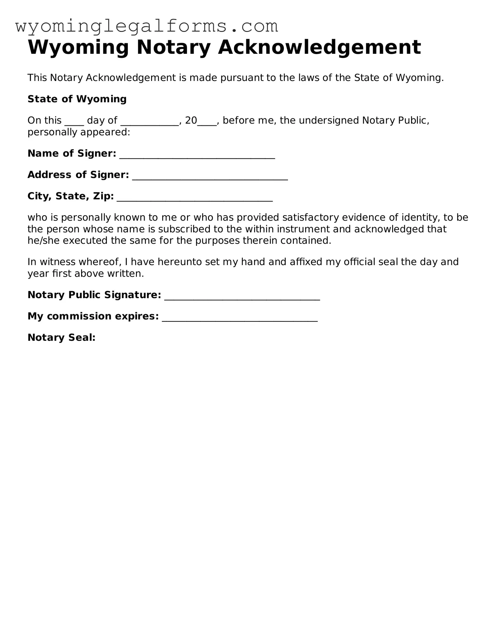 Printable  Notary Acknowledgement Form for Wyoming