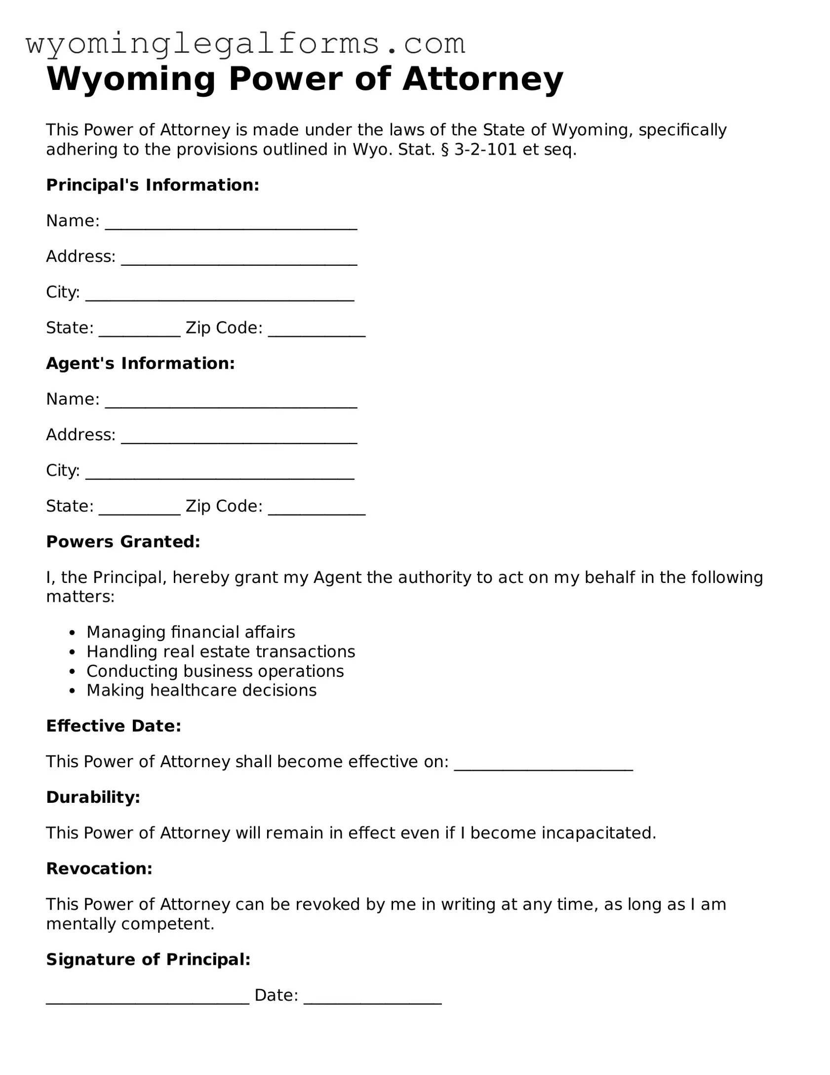 Printable  Power of Attorney Form for Wyoming