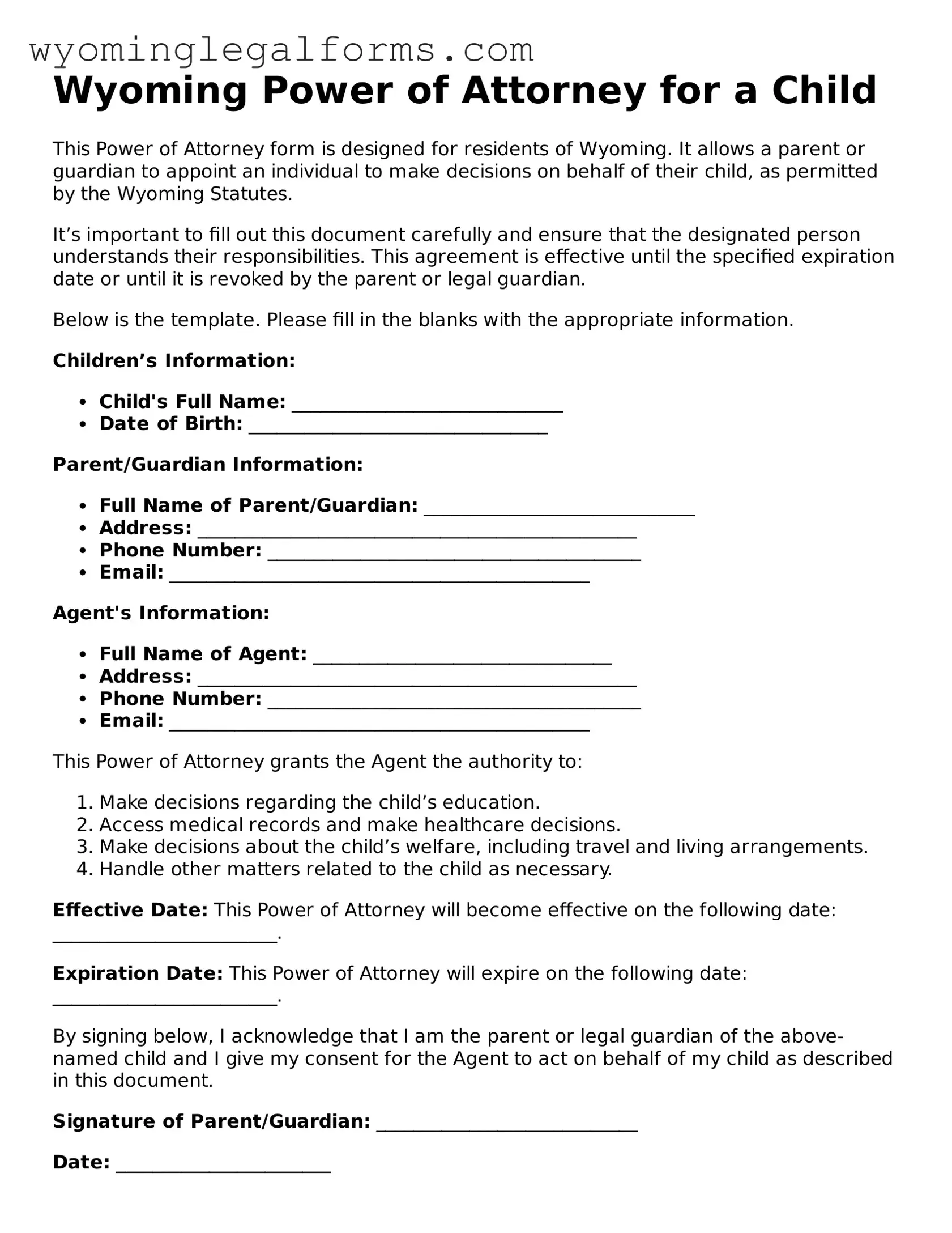 Printable  Power of Attorney for a Child Form for Wyoming