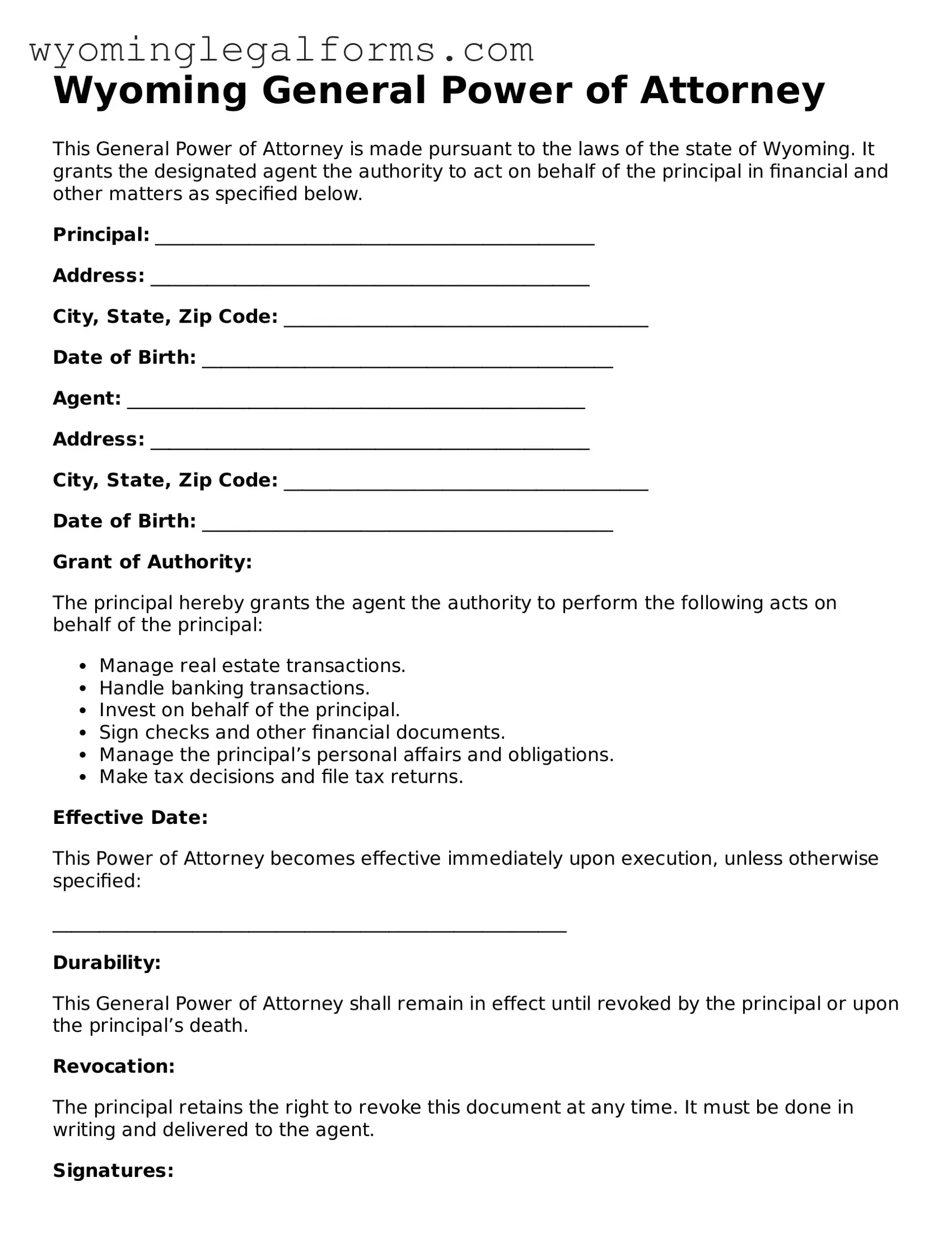 Printable  General Power of Attorney Form for Wyoming