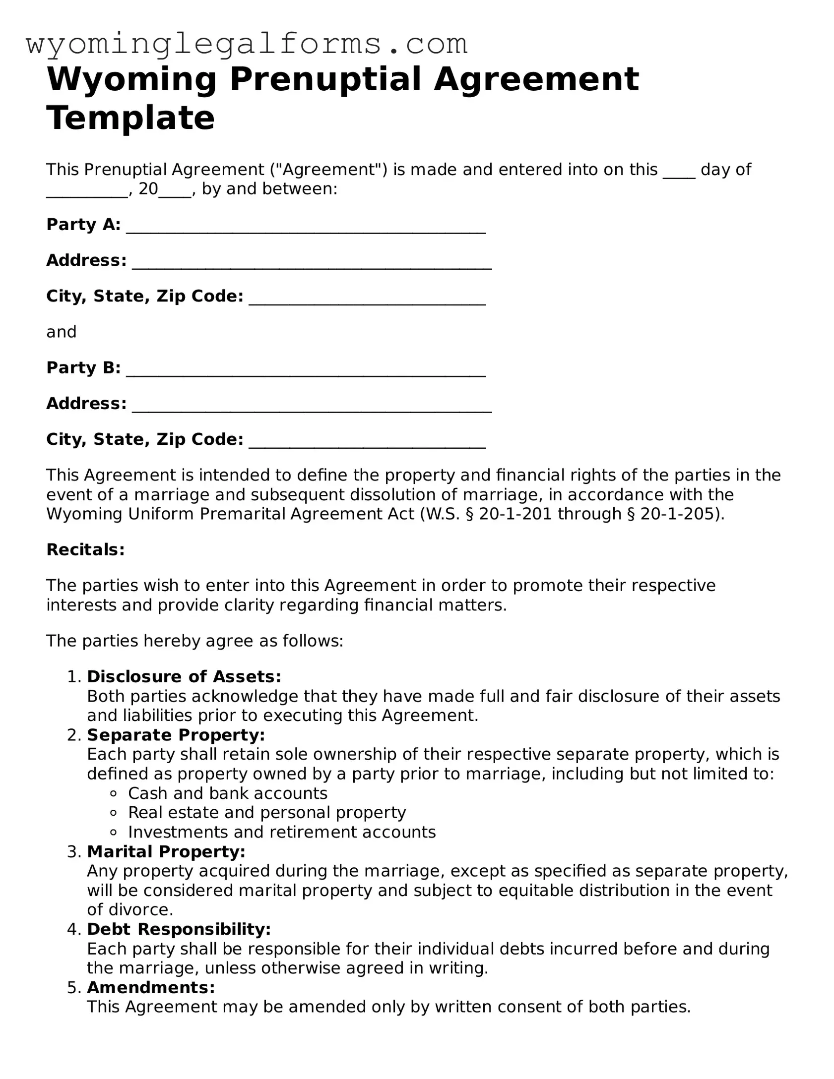 Printable  Prenuptial Agreement Form for Wyoming