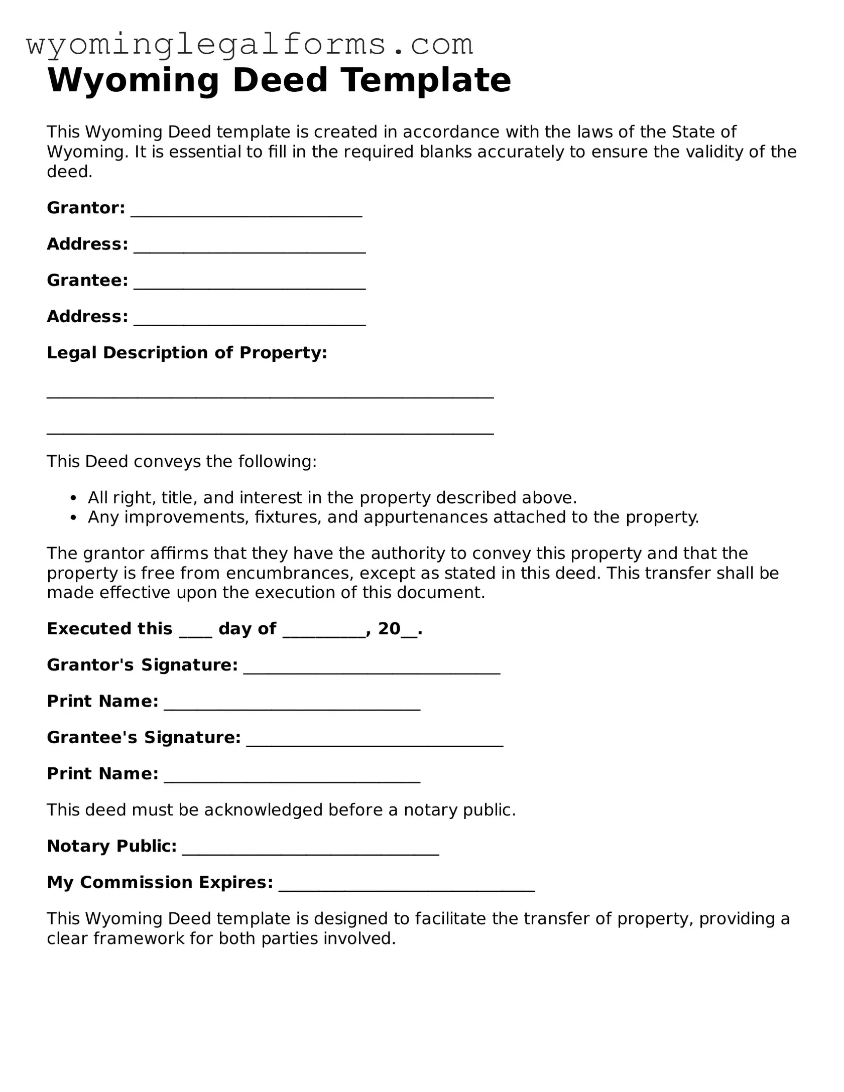 Printable  Deed Form for Wyoming