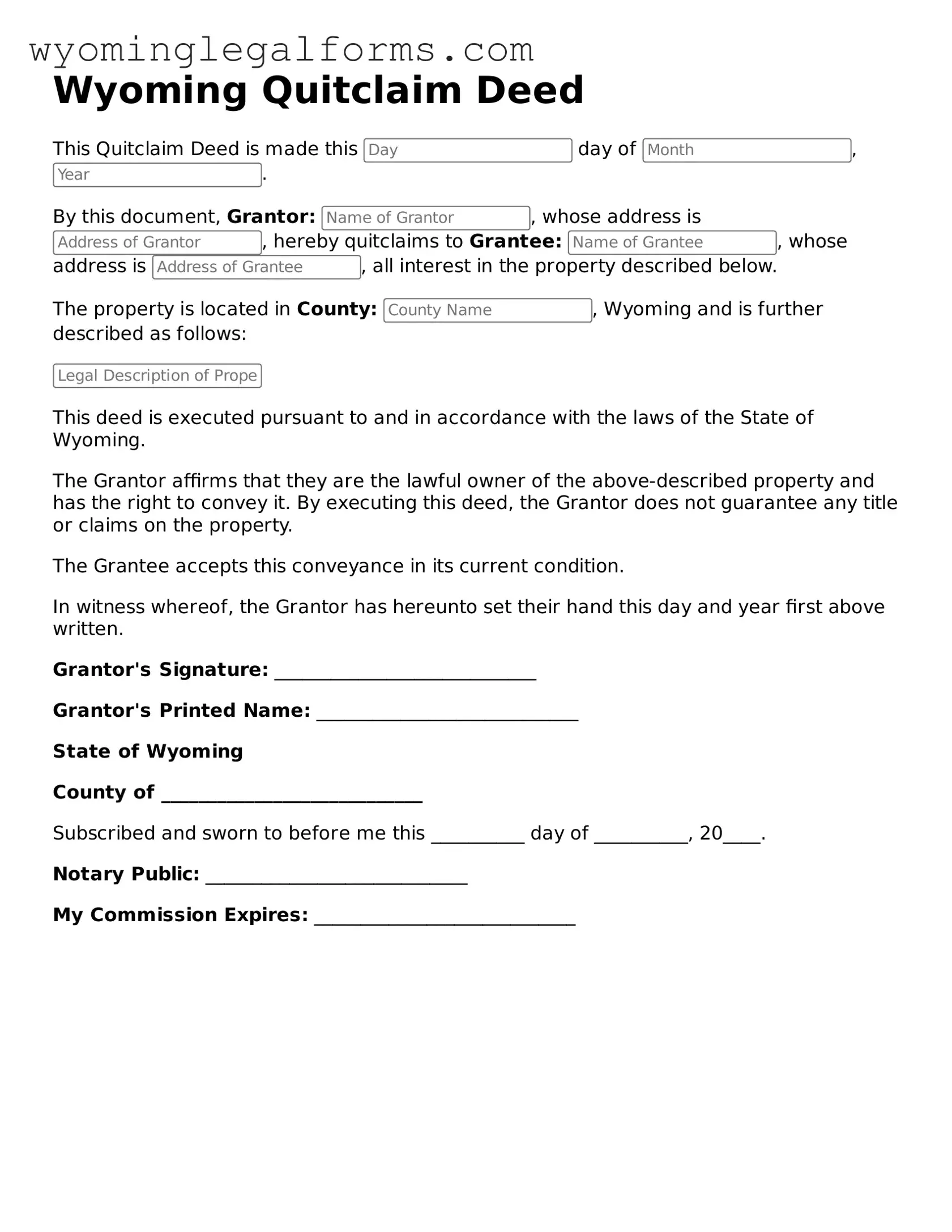 Printable  Quitclaim Deed Form for Wyoming