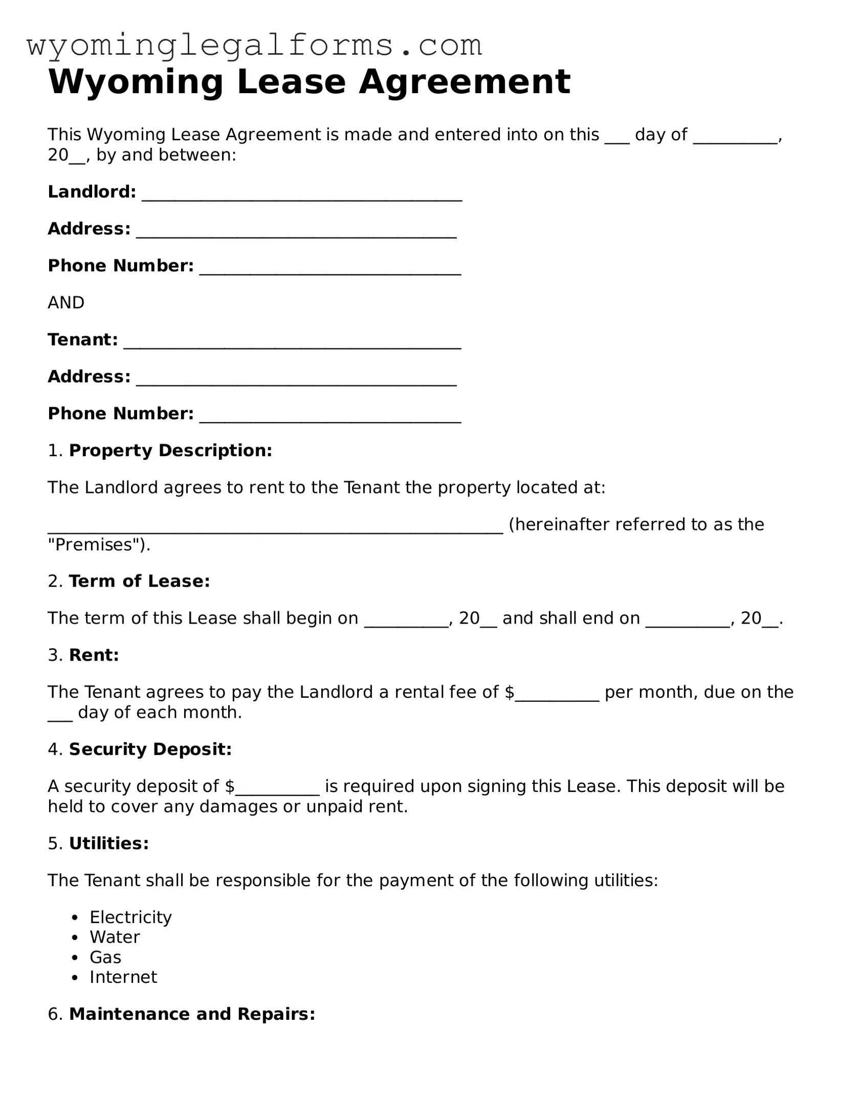 Printable  Lease Agreement Form for Wyoming