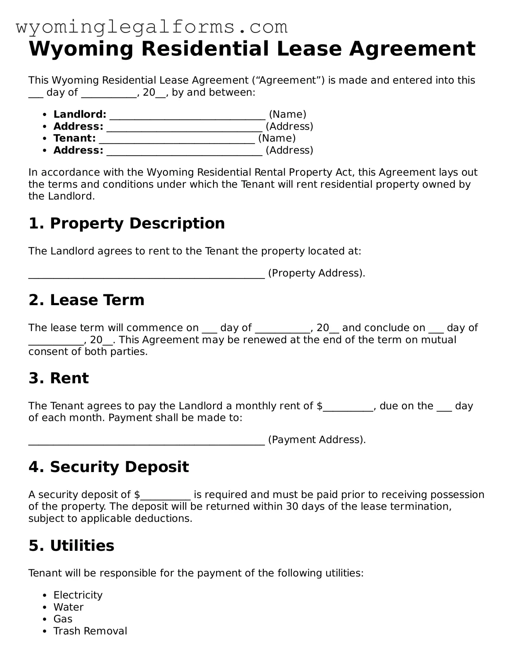 Printable  Residential Lease Agreement Form for Wyoming