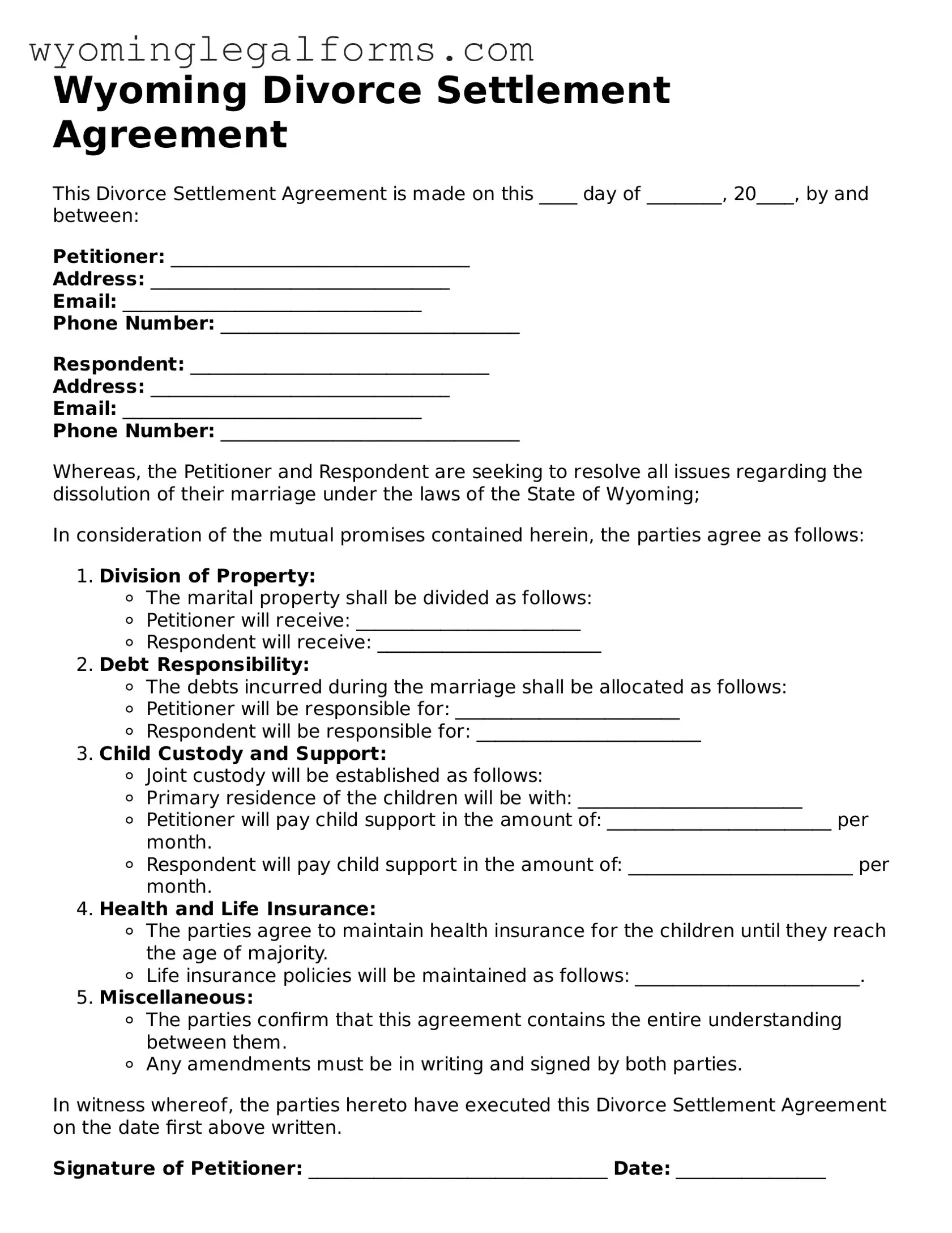 Printable  Divorce Settlement Agreement Form for Wyoming