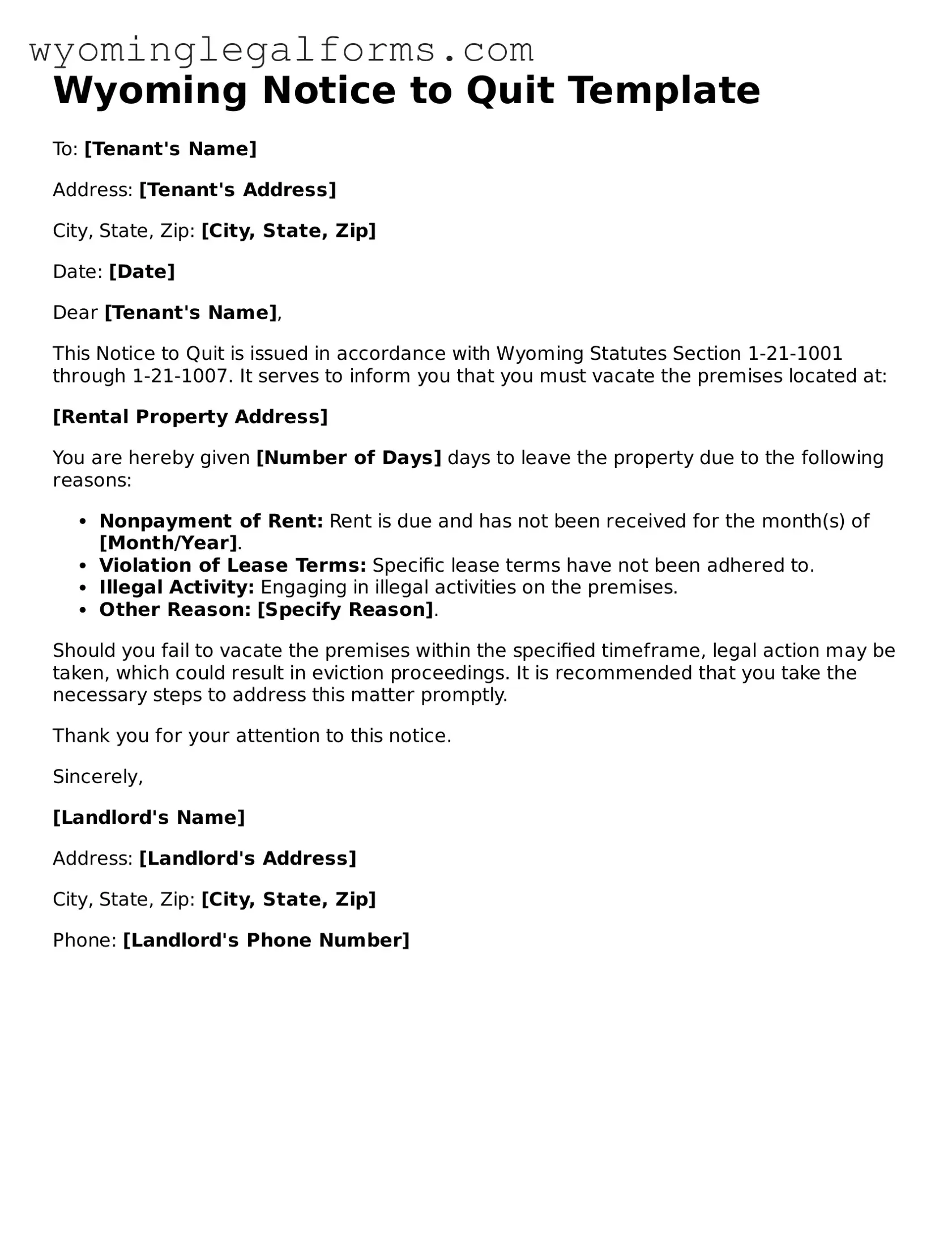 Printable  Notice to Quit Form for Wyoming