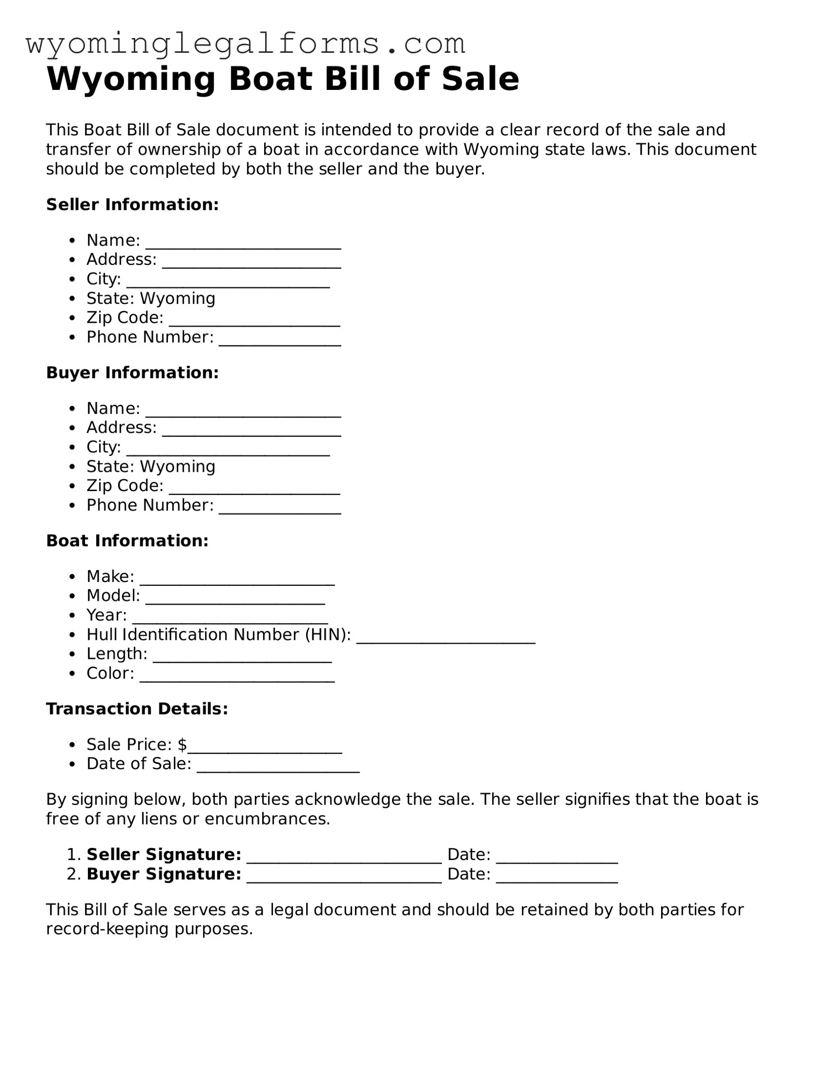 Printable  Boat Bill of Sale Form for Wyoming
