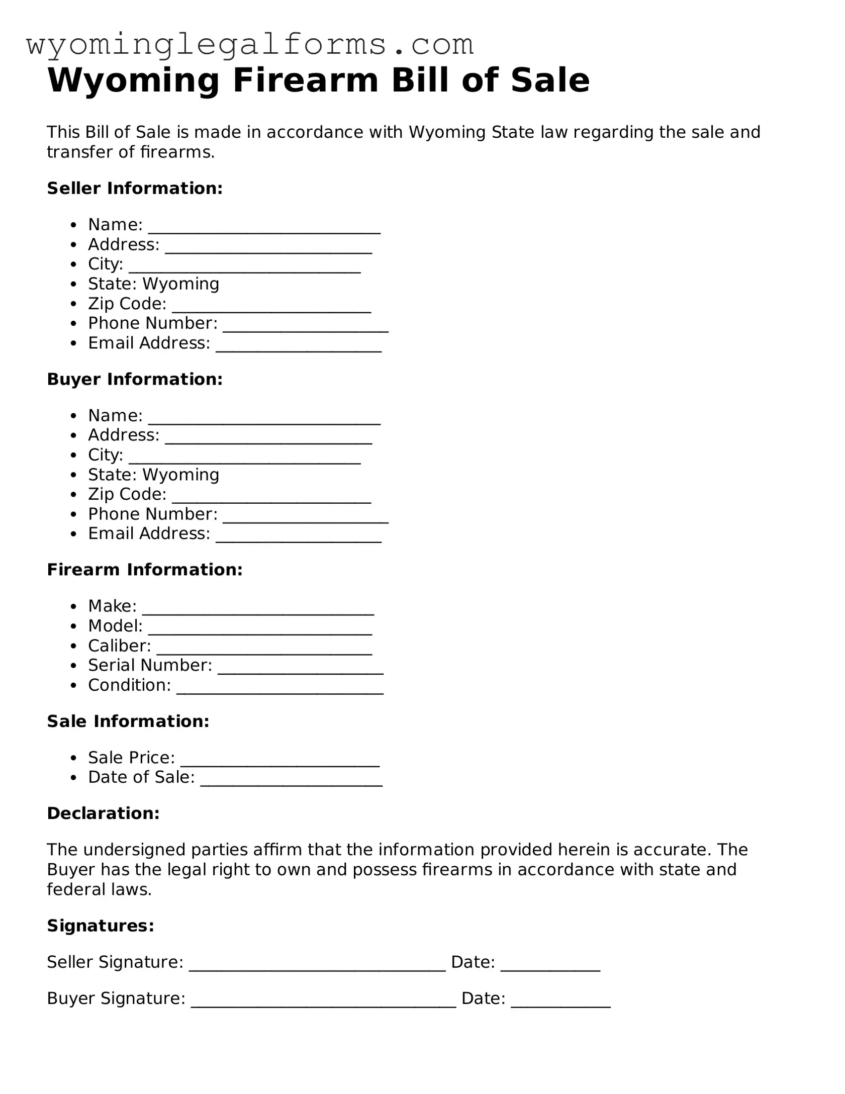 Printable  Firearm Bill of Sale Form for Wyoming